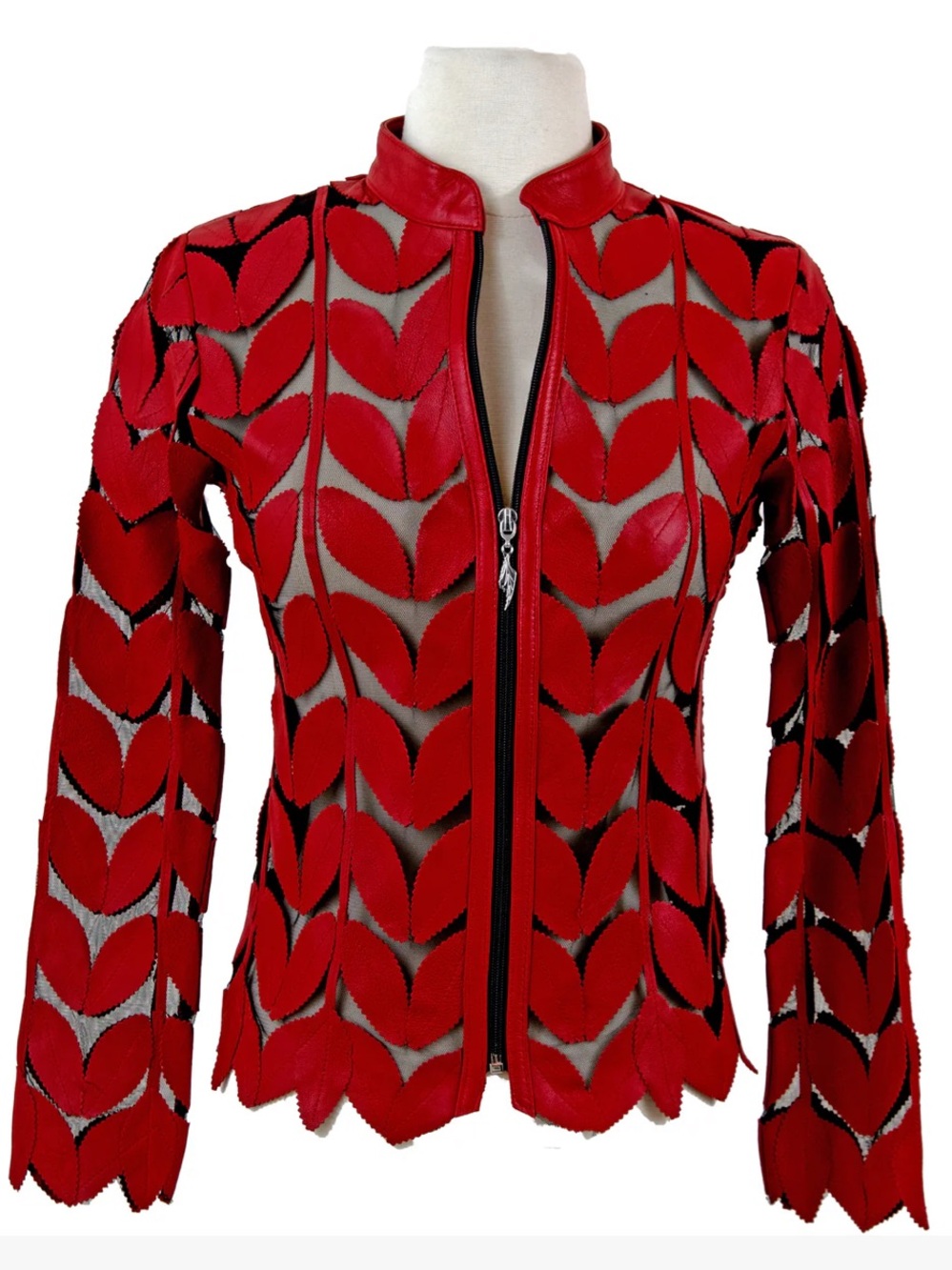 Belgin Francis Classic Leaf Design Red Leather Lambskin Jacket 4XL Chic Sheer